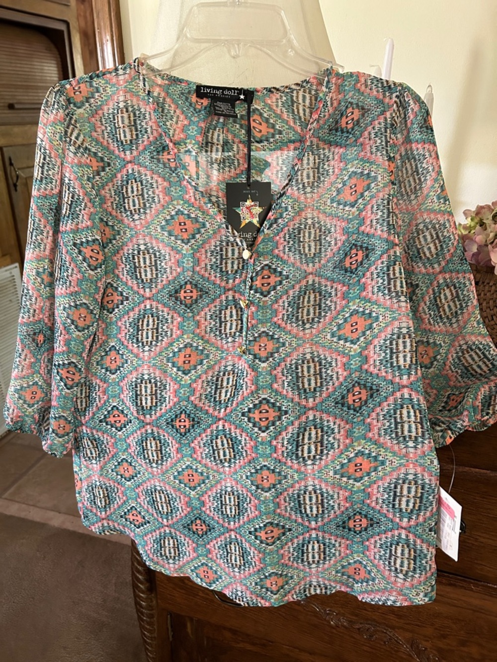 living doll Teal and Coral Geometric Henley Blouse